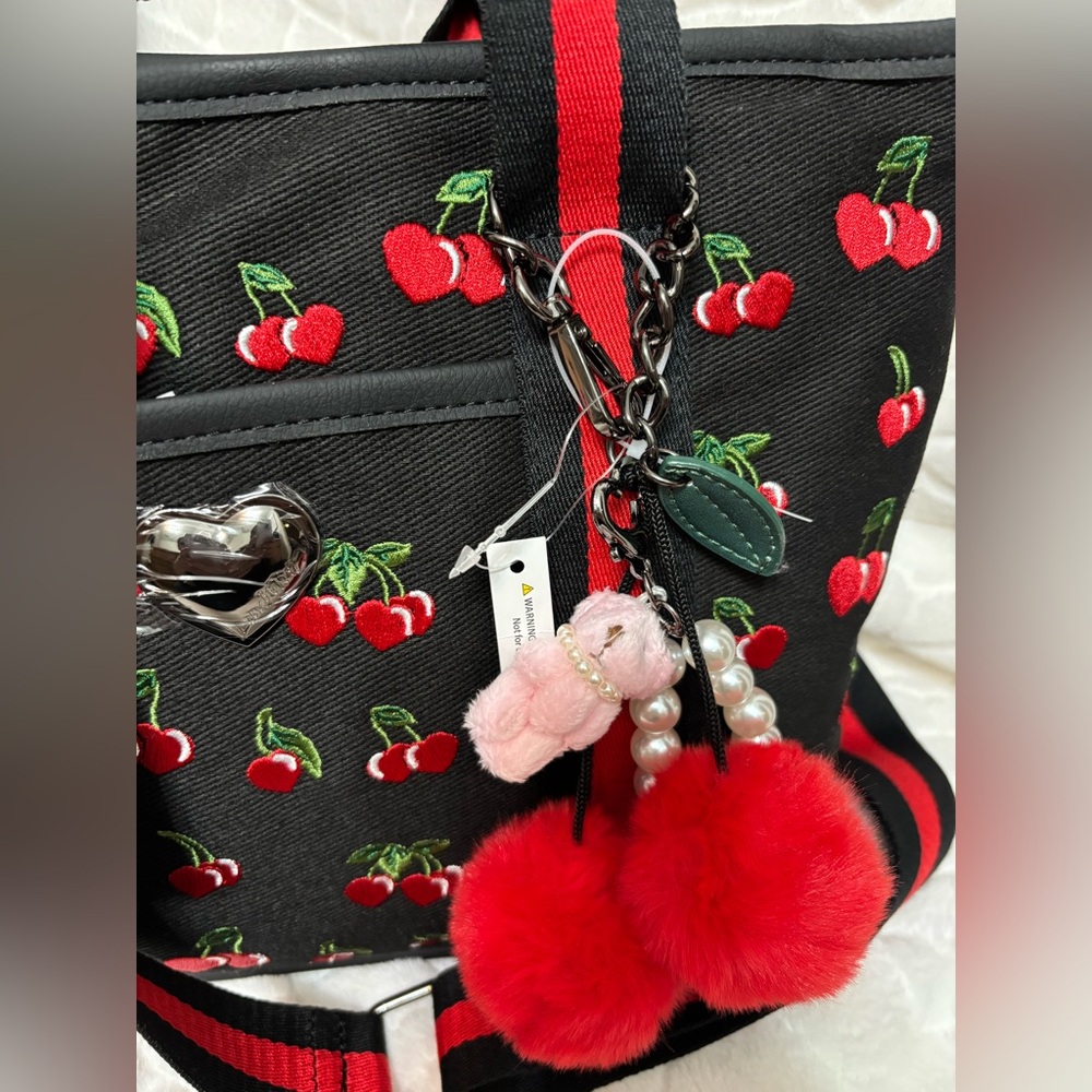 Betsey Johnson Cherry Embroidered Black Tote Bag with Cherry & teddy Charm - Picture 3 of 8
